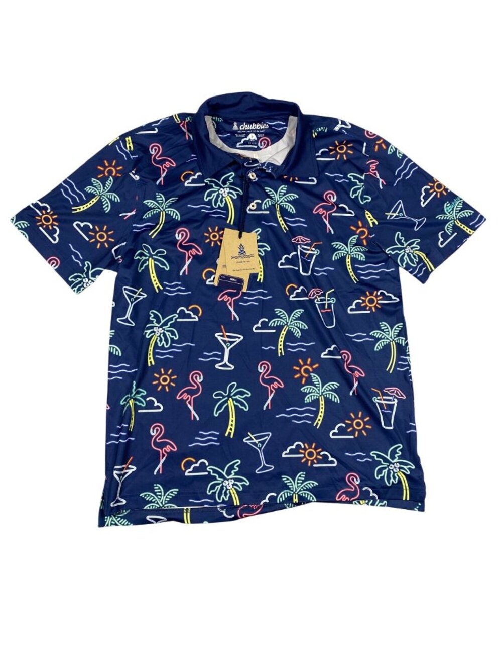 Chubbies Mens Neon Printed Polo Shirt Small Navy Blue Palm Flamingo Polyester NE